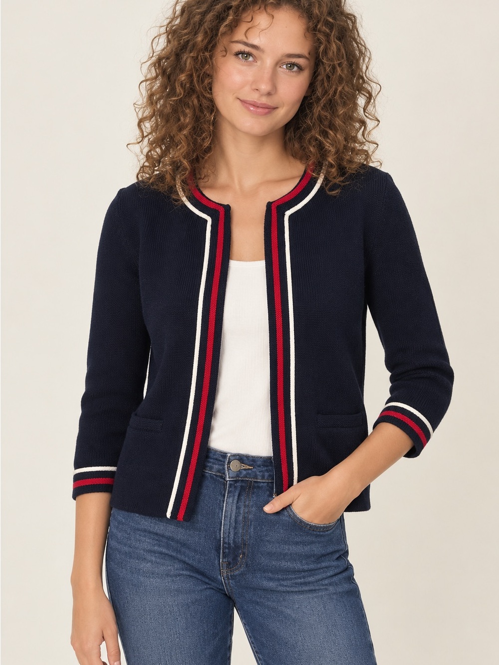 Talbots Navy Open-Front Cardigan with Red and White Trim